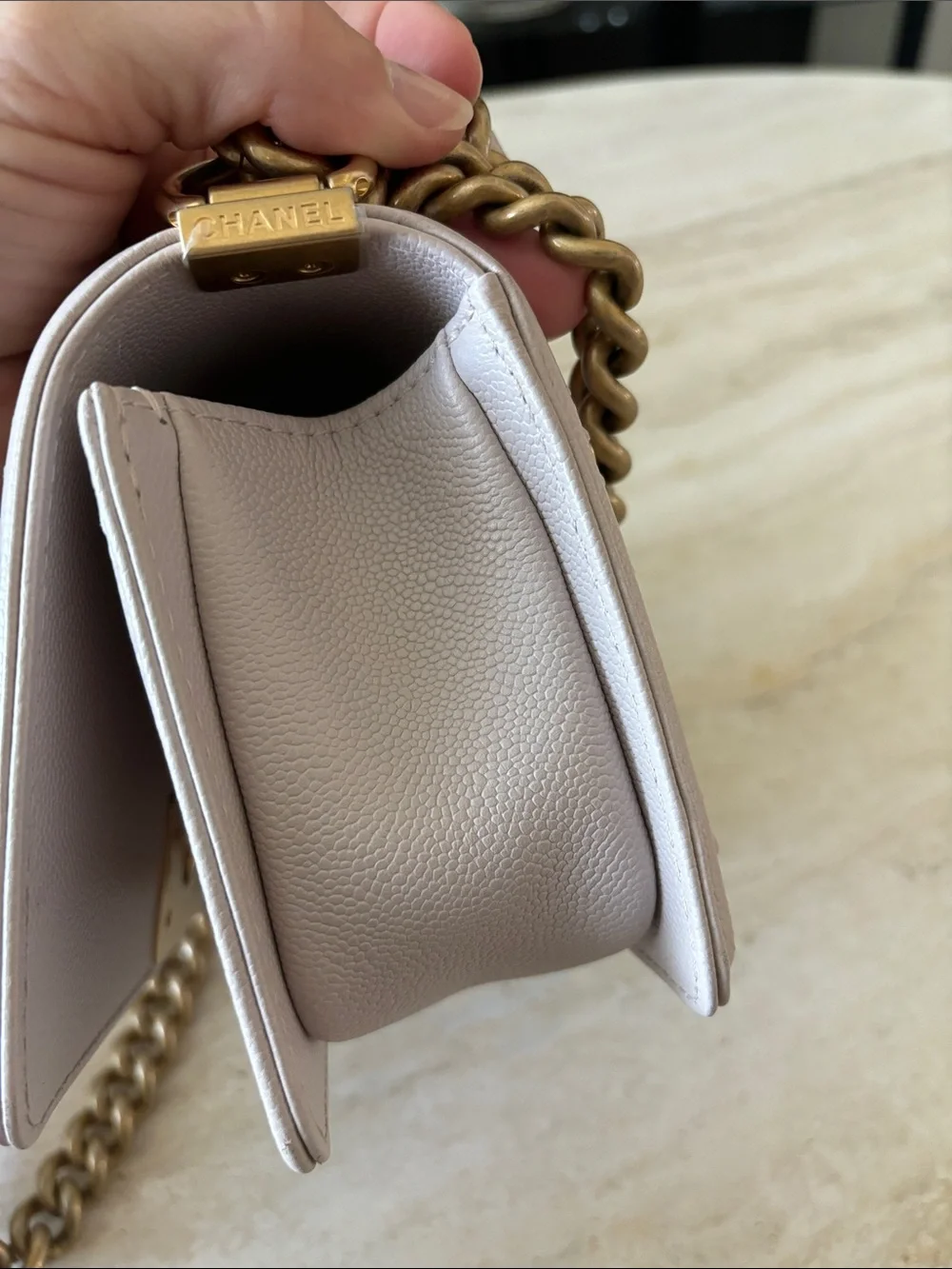 CHANEL Quilted Le Boy Flap Bag In quilted caviar | pale lilac